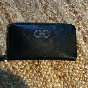 EUC Salvatore Ferragamo continental wallet, black leather, silver Gancini